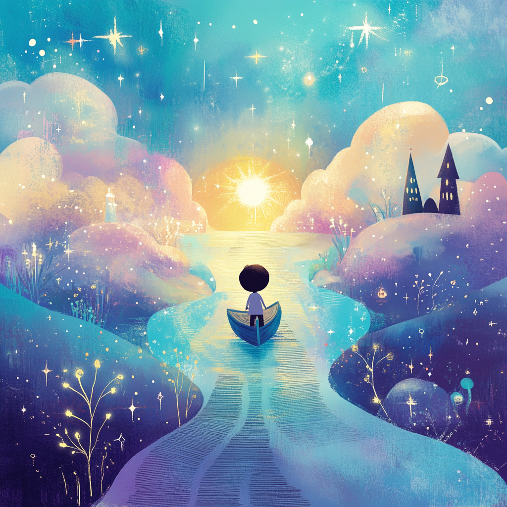 Kind im Boot vor Schloss